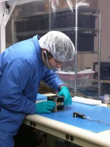 AMSAT Fox-1A undergoing the Cubesat Acceptance Check at CalPoly in San Luis Obispo, California prior to P-POD integration. 