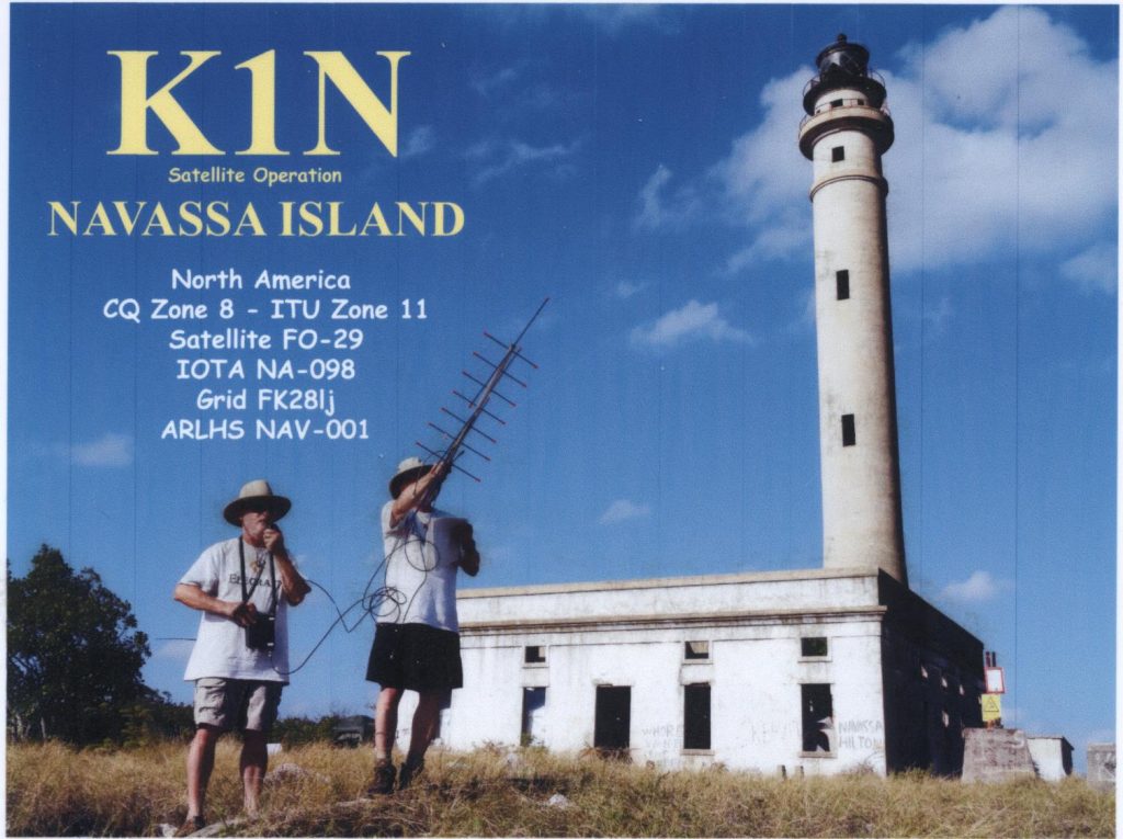 The K1N Navassa Island satellite QSL card, showing operation via FO-29 using a single FT-817 and Arrow antenna.