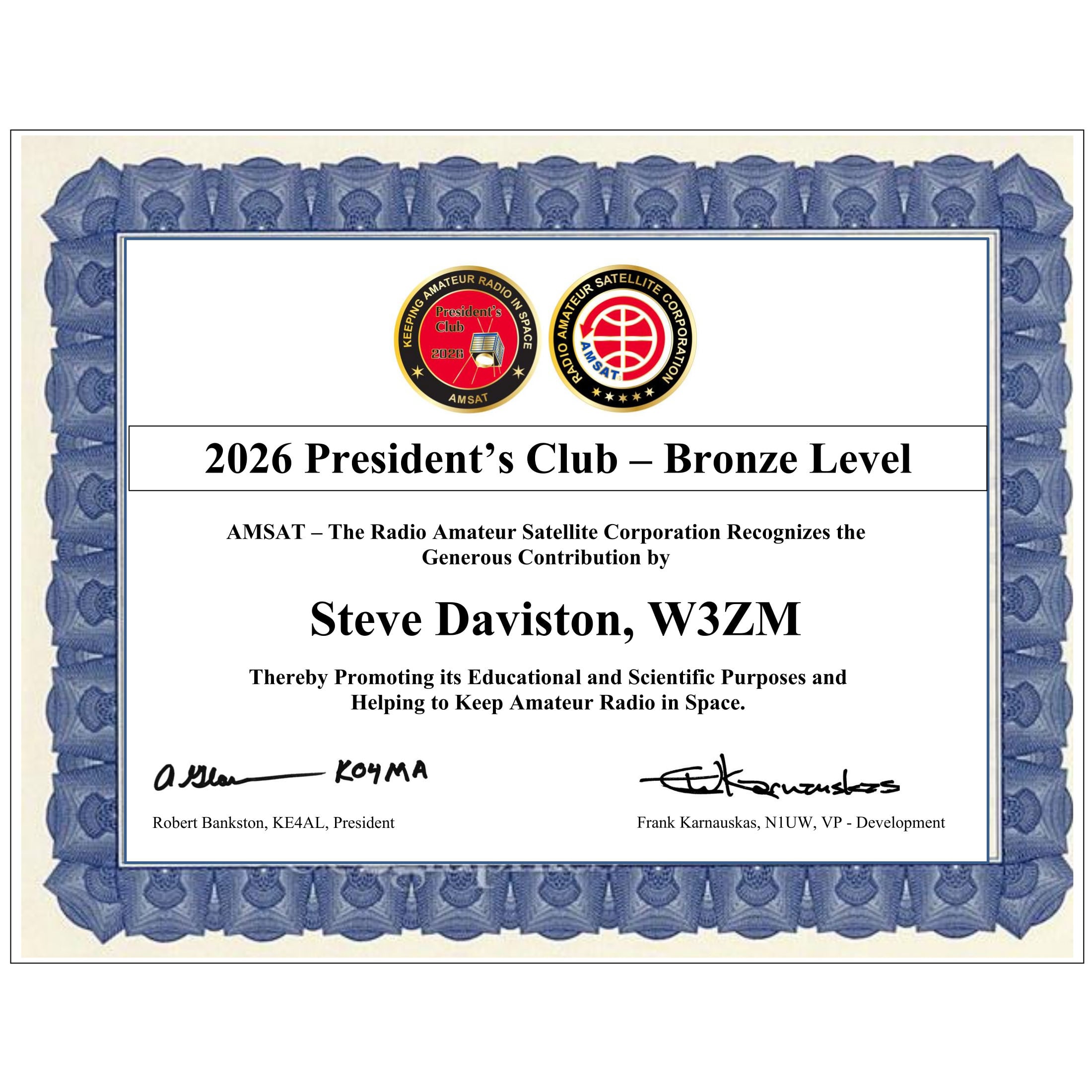 Presidents Club 2026 Bronze Certificate